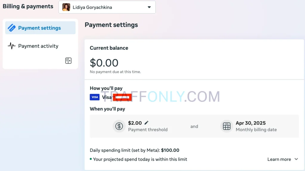 Интерфейс Facebook Ads с настройкой рекламы на OnlyFans