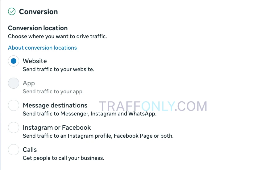 Выбор цели Website в Facebook Ads